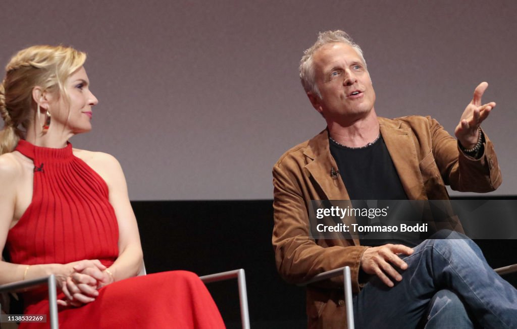 Rhea Seehorn and Patrick Fabian speak onstage during the Better Call