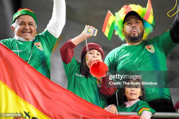 Bolivia supporters cheer prior to the international friendly match between Japan and Bolivia at Noevir Stadium Kobe on March 26, 2019 in Kobe, Hyogo,...