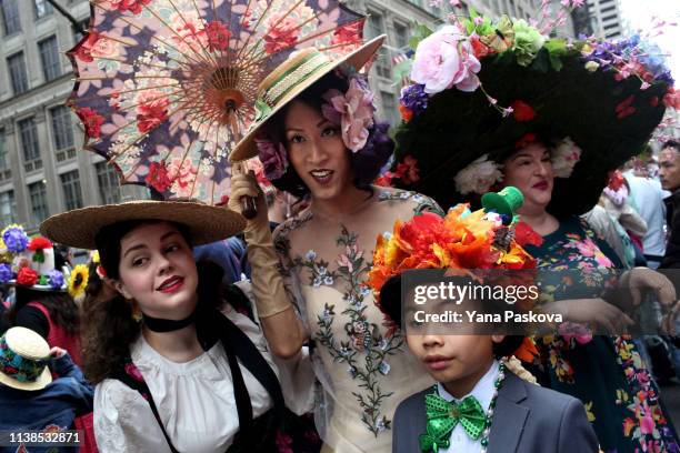 People gather in Midtown East for the annual Easter Parade on April 21, 2019 in New York City. Each year New Yorkers put on their most creative hats...