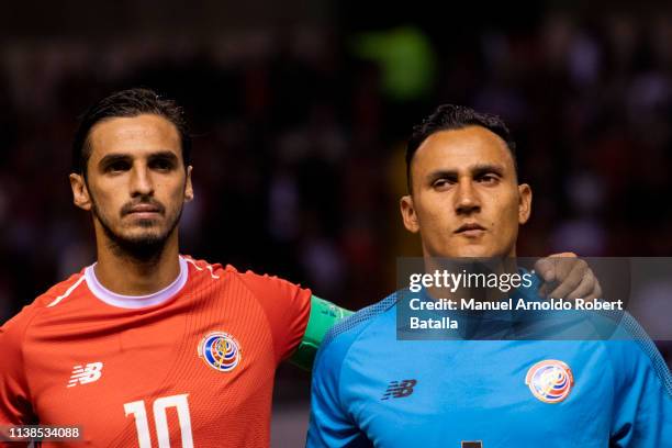 Bryan Ruiz of Costa Rica and Keylor Navas of Costa Rica during the International Friendly match between Costa Rica and Jamaica at Estadio Nacional on...