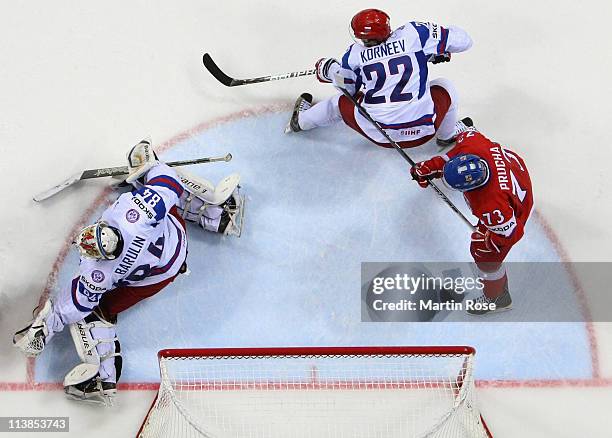 Konstantin Barulin, goaltender of Russia saves the puck during the IIHF World Championship qualification match between Czech Republic and Russia at...