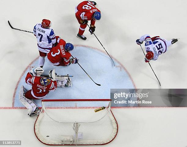 Ondrej Pavelec , goaltender of Czech Republic save the puck during the IIHF World Championship qualification match between Czech Republic and Russia...