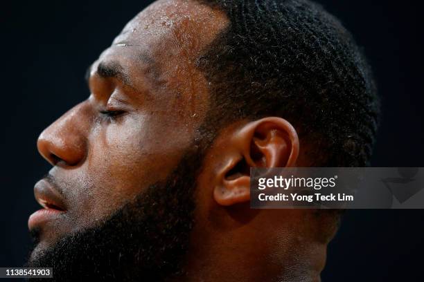 LeBron James of the Los Angeles Lakers warms up prior to the game against the Washington Wizards at Staples Center on March 26, 2019 in Los Angeles,...