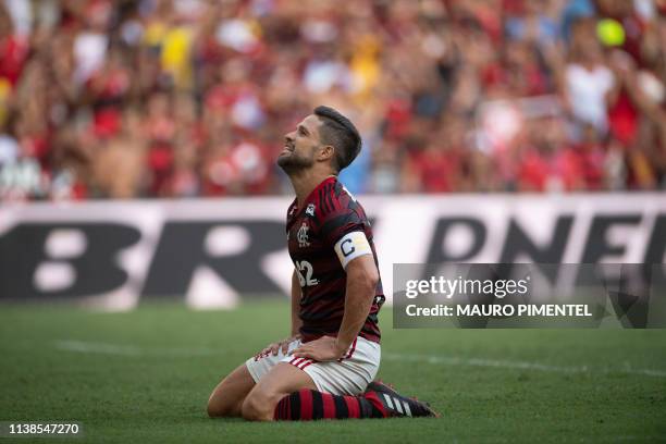 Flamengo player Diego Ribas reacts after missing a chance to score against Vasco da Gama during the Campeonato Carioca 2019 final football match at...