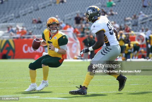 John Wolford of the Arizona Hotshots drops back to pass against the San Diego Fleet during the AAF game at Sun Devil Stadium on March 24, 2019 in...