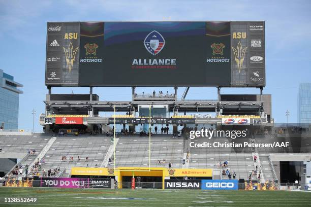 General view of the north scoreboard before the AAF game between the San Diego Fleet and the Arizona Hotshots at Sun Devil Stadium on March 24, 2019...