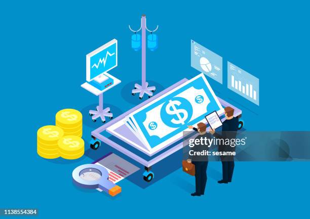 diagnosis, financial health, two businessmen analyze financial data in the treatment laboratory - injecting stock illustrations