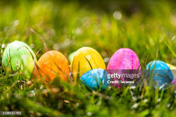 glittering easter eggs in meadow - ostereier wiese stock-fotos und bilder