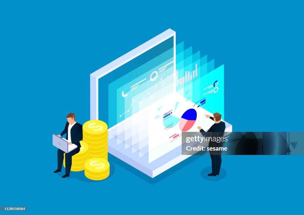 Data finance, two businessmen analyze financial web page data
