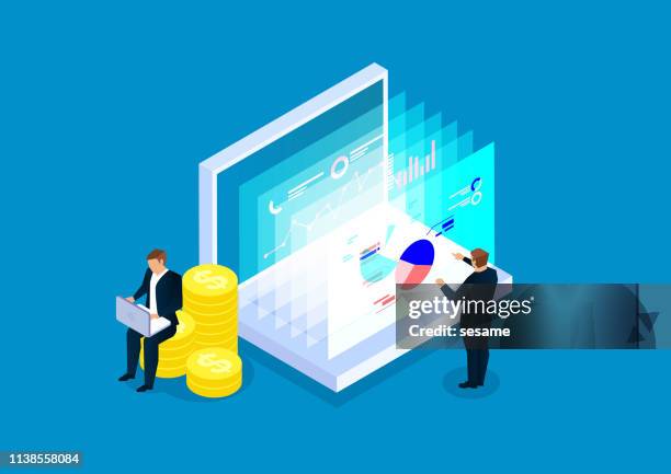 data finance, two businessmen analyze financial web page data - market expertise stock illustrations