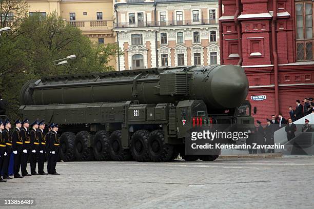 The Topol-M intercontinental ballistic missile is rolled out during the Victory Day parade in Red Square, on May 9, 2011 in Moscow, Russia. Russian...