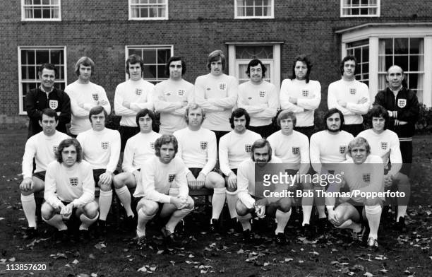 The England Football Sqaud at their hotel prior to the International against Yugoslavia at Wembley Stadium in London, 10th October 1972. Back row :...