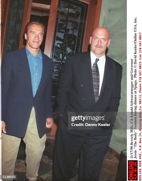 Beverly Hills, CA Arnold Schwarzenegger and Governor Jessie "The Body" Ventura having dinner at Spagos