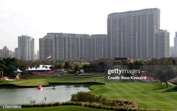 General view o f the 18th hole during the pro-am event prior to the Hero Indian Open at the DLF Golf & Country Club on March 27, 2019 in New Delhi,...