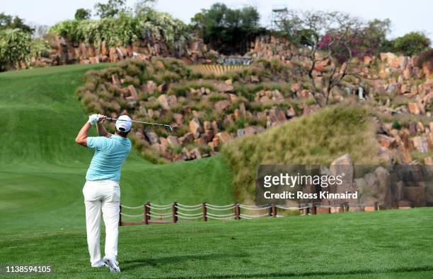 Callum Shinkwin of England in action during the pro-am event prior to the Hero Indian Open at the DLF Golf & Country Club on March 27, 2019 in New...