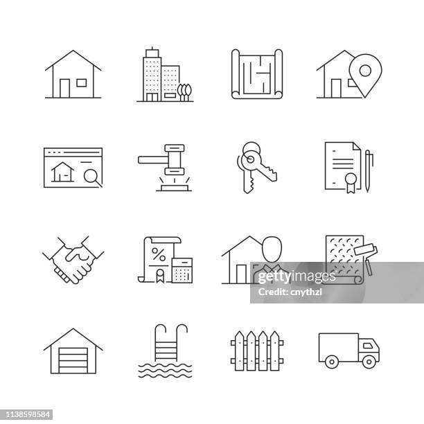 ilustraciones, imágenes clip art, dibujos animados e iconos de stock de relacionados con bienes raíces-conjunto de iconos vectoriales de línea delgada - problemas de vivienda