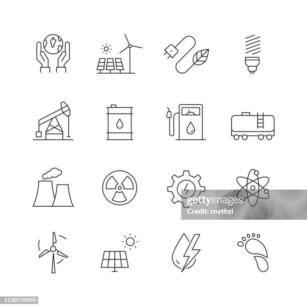 power and energy - set of thin line vector icons - windmill icon stock illustrations