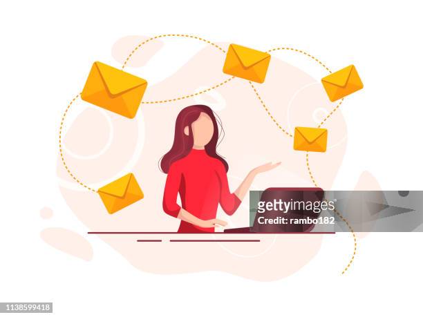 ilustrações de stock, clip art, desenhos animados e ícones de beautiful cheerful young businesswoman working on laptop. e-mail and communication concept. - e mail