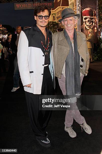 Actor Johnny Depp and actor/musician Keith Richards arrive at the world premiere of "Pirates of the Caribbean: On Stranger Tides" at Disneyland on...