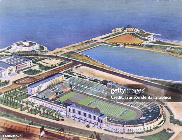 Linen postcard shows a bird's eye view of Soldier Field, Chicago, Illinois, 1941.