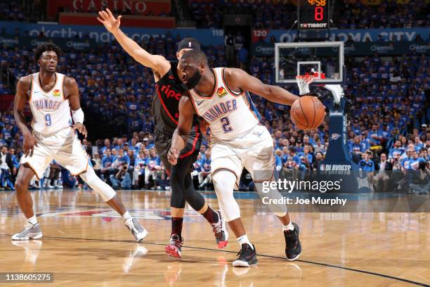 Raymond Felton of the Oklahoma City Thunder drives to the basket against the Portland Trail Blazers during Game Four of Round One of the 2019 NBA...