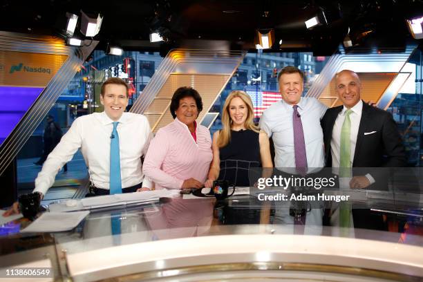 Wilfred Frost, Nancy Lopez, Rebecca Quick, Joe Kernen and Peter Bevacqua pose for a picture just after the CNBC interview in Times Square for the...