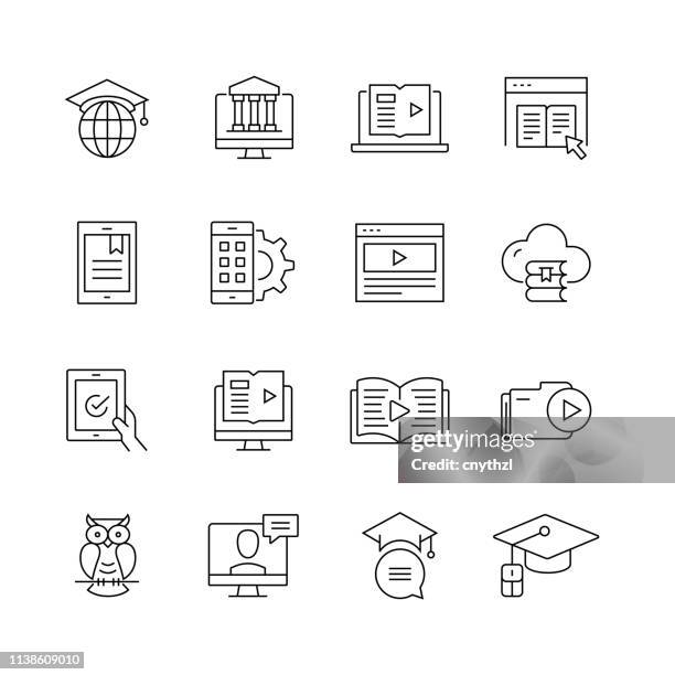 e-learning related-set of thin line vector icons - catalogo stock-grafiken, -clipart, -cartoons und -symbole