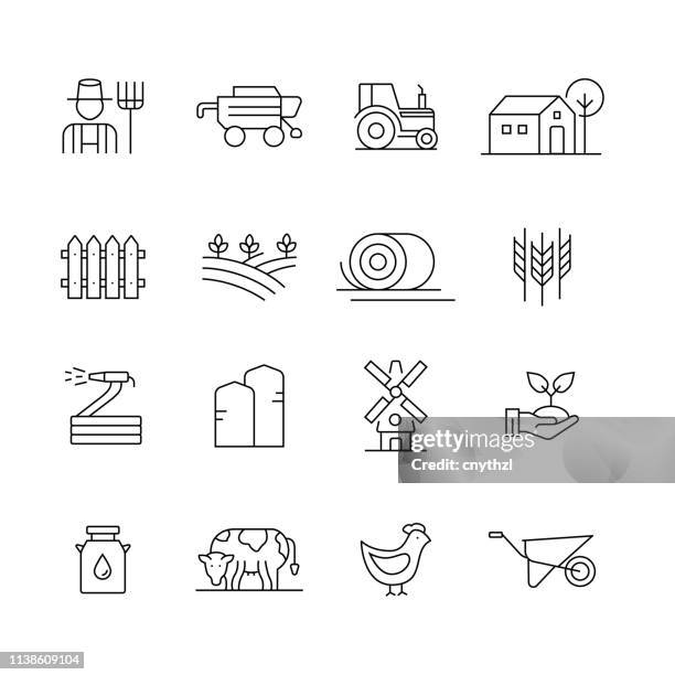 ilustraciones, imágenes clip art, dibujos animados e iconos de stock de granja y agricultura-conjunto de iconos vectoriales de línea delgada - agricultora