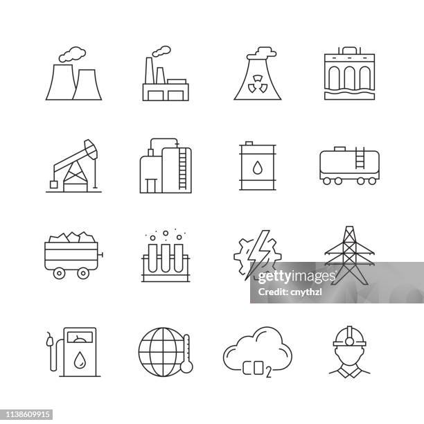 schwere und machtvolle industrie-set von dünnschahlinie-vektor-ikonen - petrochemische fabrik stock-grafiken, -clipart, -cartoons und -symbole