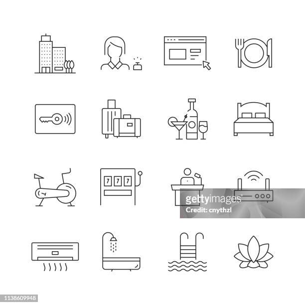 hotel related - set of thin line vector icons - conference hotel stock illustrations
