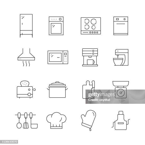 kitchen related - set of thin line vector icons - inside oven stock illustrations