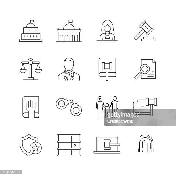 law and justice - set of thin line vector icons - legal defense stock illustrations