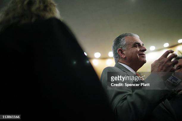 Transportation Secretary Ray LaHood speaks to the media regarding national high-speed rail service on May 9, 2011 at Penn Station in New York City....
