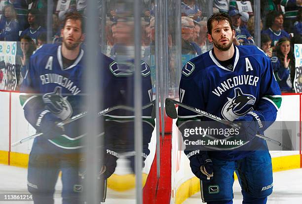 Ryan Kesler of the Vancouver Canucks skates up ice against the Nashville Predators in Game Five of the Western Conference Semifinal of the 2011 NHL...