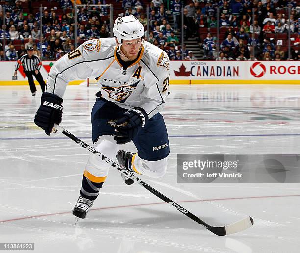 Ryan Suter of the Nashville Predators skates up ice in Game Five of the Western Conference Semifinal against the Vancouver Canucks in the 2011 NHL...