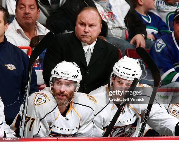 Head coach Barry Trotz of the Nashville Predators looks on from the bench in Game Five of the Western Conference Semifinal against the Vancouver...