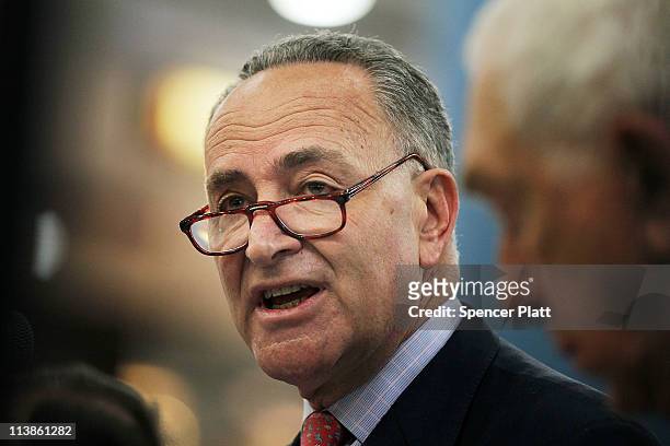 Sen. Charles E. Schumer speaks with the media while attending a news conference with Transportation Secretary Ray LaHood regarding national...