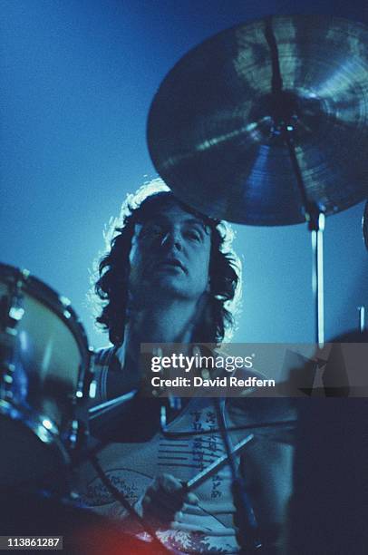 Nick Mason, drummer with Pink Floyd, playing the drums during a live concert performance by the band at New Bingley Hall in Stafford, England, Great...