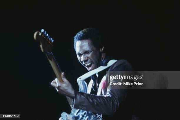 Nile Rodgers, guitarist with Chic, during a live concert performance by the band on stage at the Hammersmith Odeon, London, England, Great Britain,...