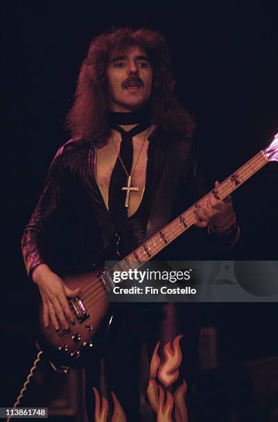 Geezer Butler, bassist with British heavy metal band 'Black Sabbath', during a live concert performance at Madison Square Garden in New York City,...