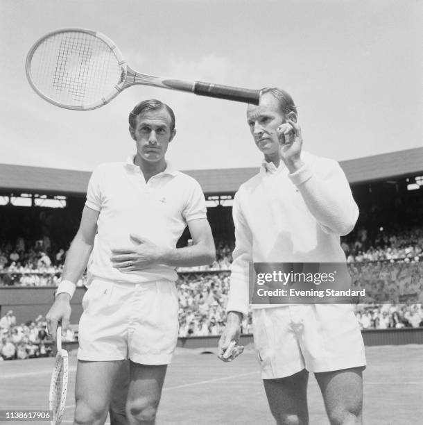 Australian tennis players John Newcombe and Rod Laver at the All England Lawn Tennis and Croquet Club before the Men's Singles Final, Wimbledon...