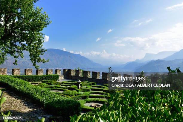 View over the Adige Valley towards Bolzano from the terrace of Castel Monteleone, Cermes, Trentino-Alto Adige, Italy.