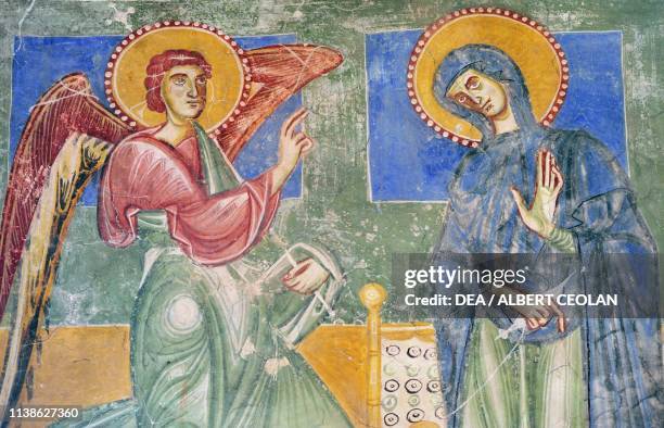 Annunciation, fresco, Romanesque chapel, Castel d'Appiano, Missiano, Appiano sulla Strada del Vino, Trentino-Alto Adige, Italy, 12th-13th century.