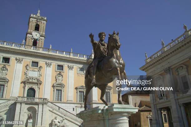 Equestrian statue of Marcus Aurelius, bronze replica of the original, Piazza del Campidoglio, Rome , Lazio, Italy, 17th century.