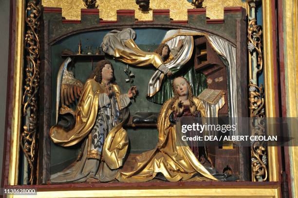 Annunciation, detail of the left panel of the Schnatterpeck Altar, 1503-1511, by Hans Schnatterpeck , carved wood and gold, Parish Church of Santa...