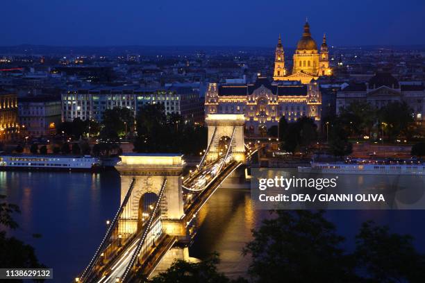 Night view of the Chain Bridge Budapest , Hungary, 19th century.