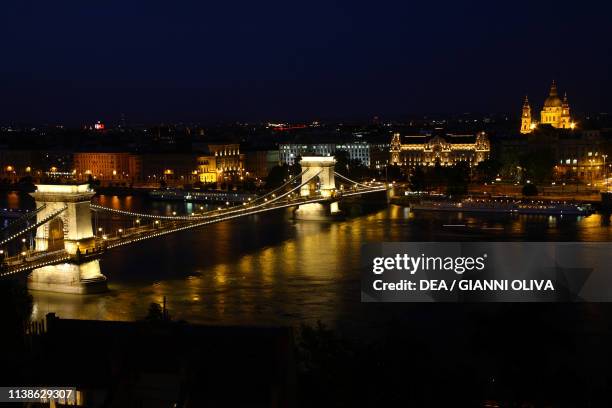 Night view of the Chain Bridge Budapest , Hungary, 19th century.