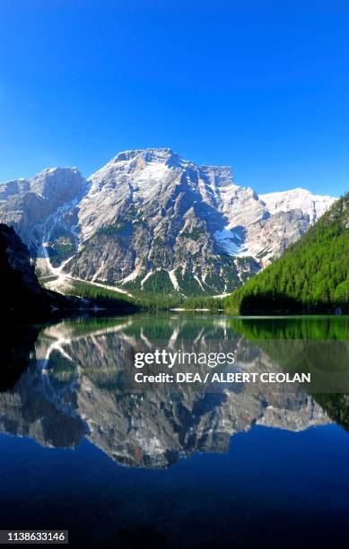 Lake Prags, with the Seekofel in the background, Puster valley, Trentino-Alto Adige, Italy.