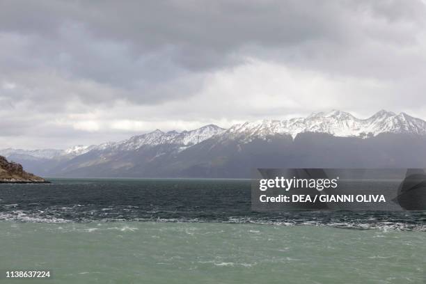 The meeting point between Atlantic and Pacific Oceans, Beagle Channel, Tierra del Fuego, Chile.