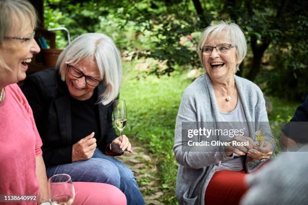 happy senior women talking on a garden party - happy old women stockfoto's en -beelden